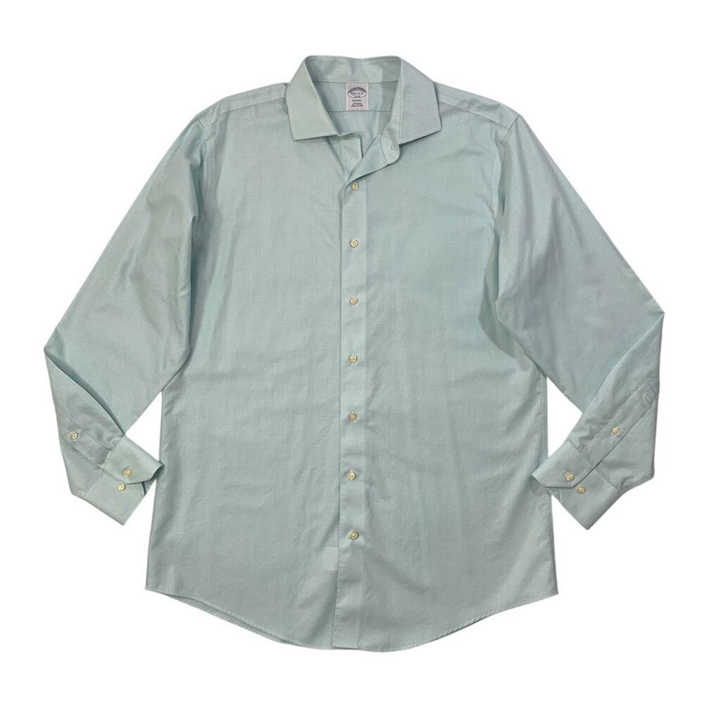 Brooks Brothers Shirt Mens 16.5 Aqua Blue Check Cotton Regent Non Iron Dress